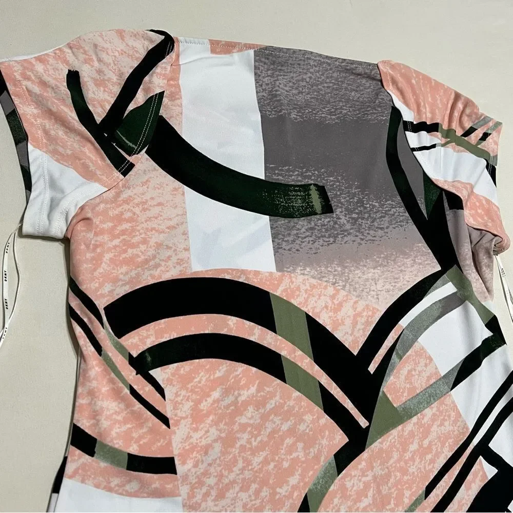 DKNY Women's Top with Pink and Green Abstract Design